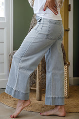 Stripe Button Flap Pocket Cuffed Hem Wide Leg Jeans