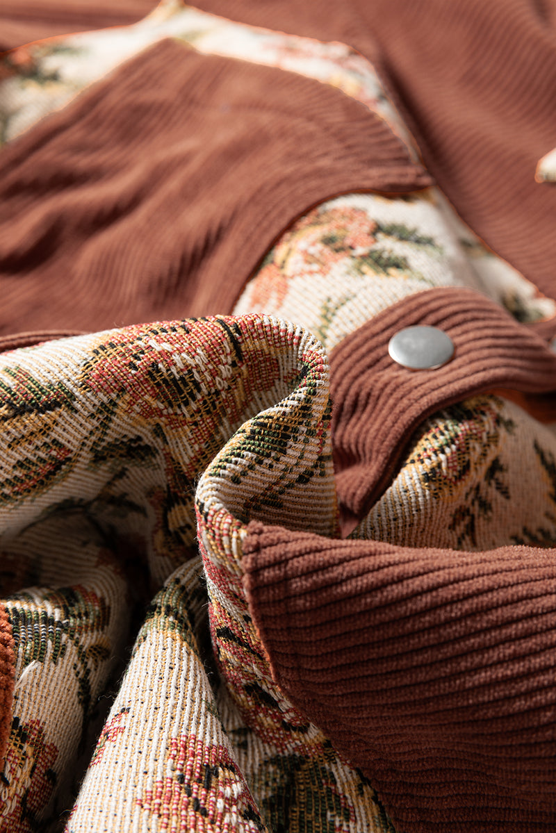 Brown Ribbed Retro Floral Patchwork Shirt Style Jacket