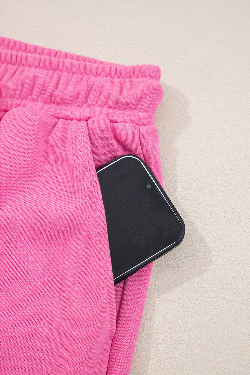 Bright Pink Solid Color Collared Pullover and Central Seam Pants Set