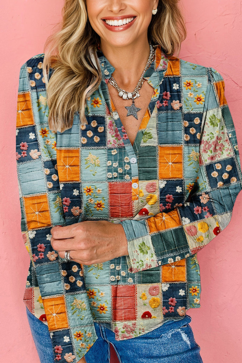 Fall Floral Half Placket Collared V Neck Blouse