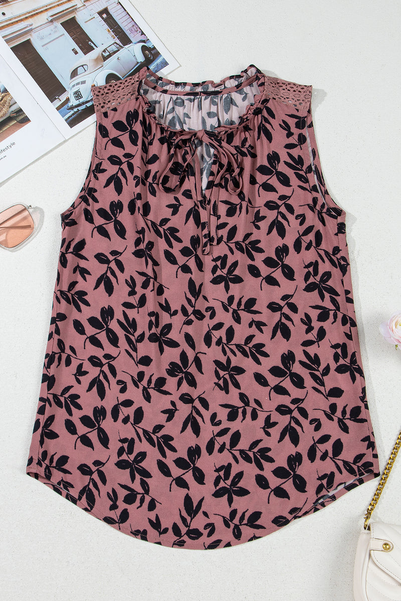 Leaf Print Lace-up V Neck Crinckled Tank Top