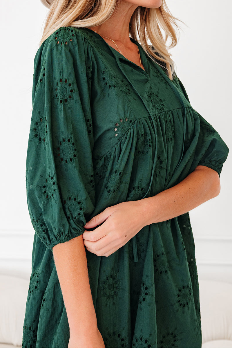 Embroidered Eyelet Pattern 3/4 Puffy Sleeve Swing Mini Dress