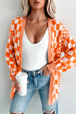 Checkered Open Front Drop Shoulder Cardigan