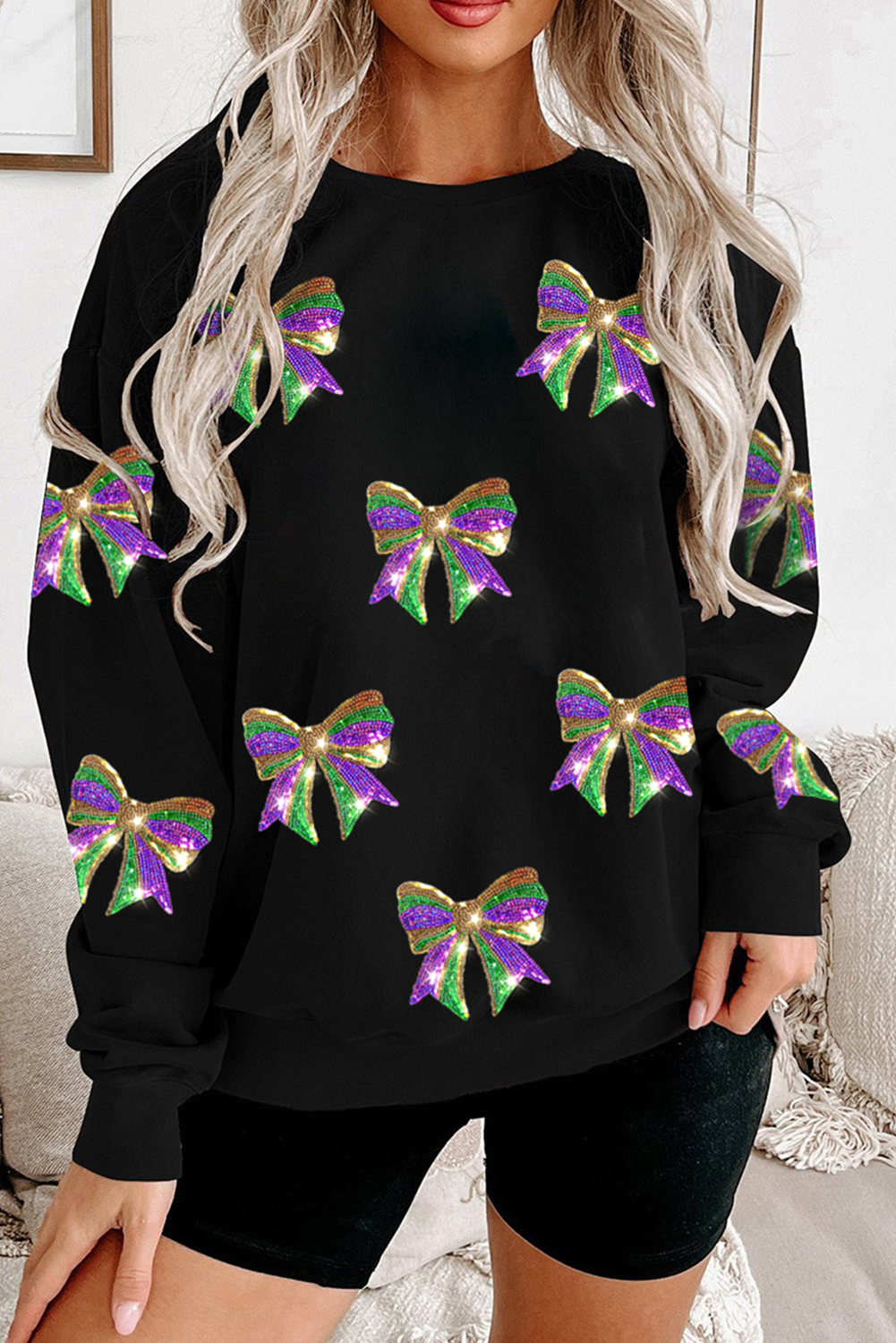 Sequin Mardi Gras Bow Graphic Drop Shoulder Pullover Sweatshirt