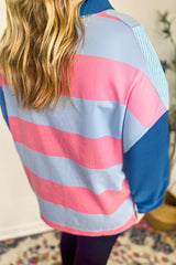 Sky Blue Stripe Colorblock Patchwork Zip up Plus Size Pullover
