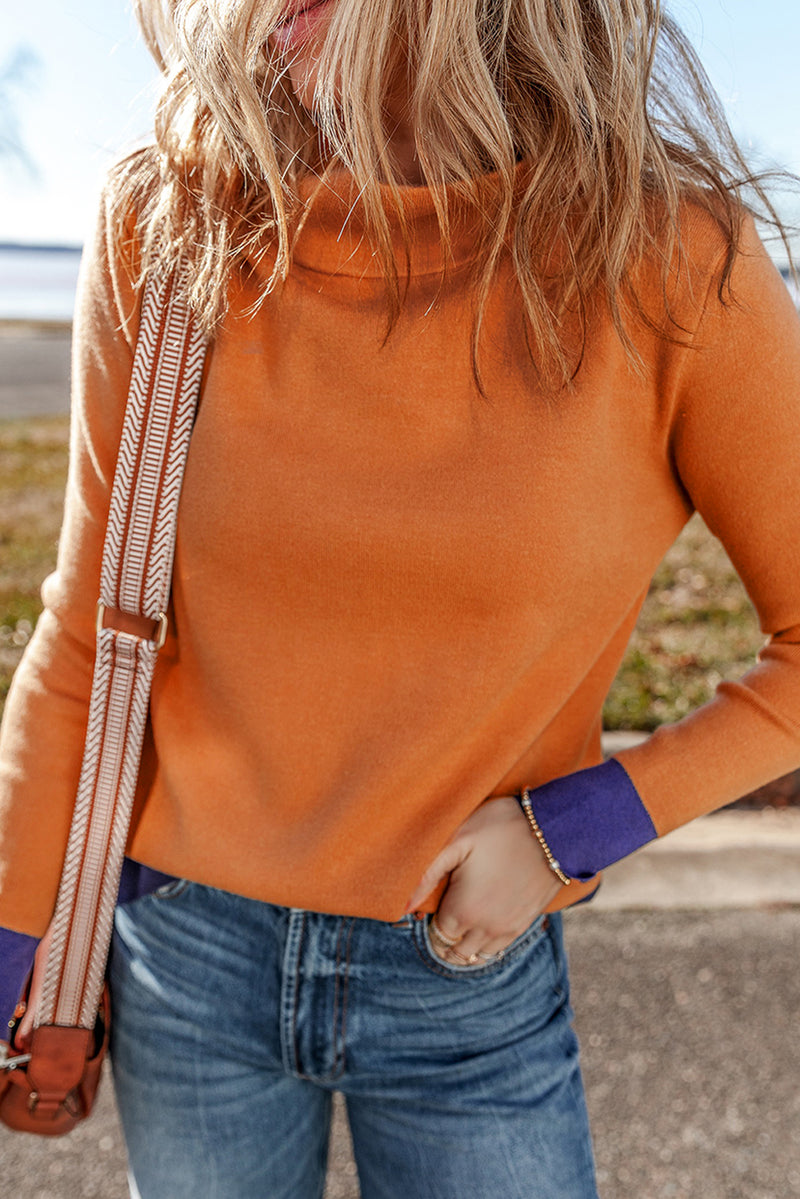 Orange Color Contrast Edge Mock Neck Slim Fit Sweater