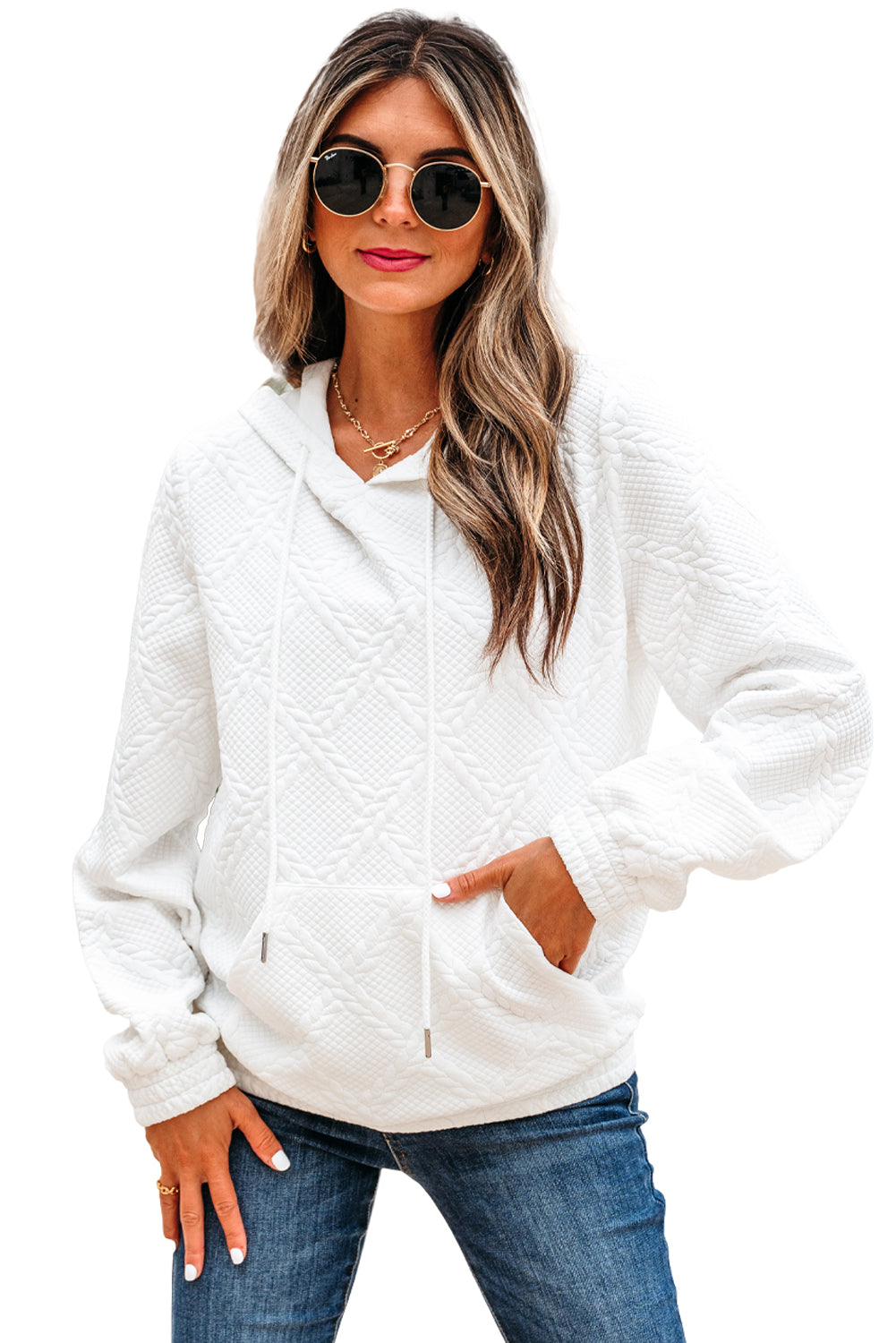 Cable Lattice Texture Kangaroo Pocket Hoodie