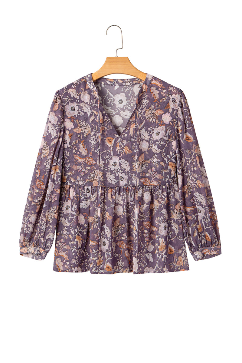 Boho Flower Print 3/4 Sleeve Babydoll Blouse