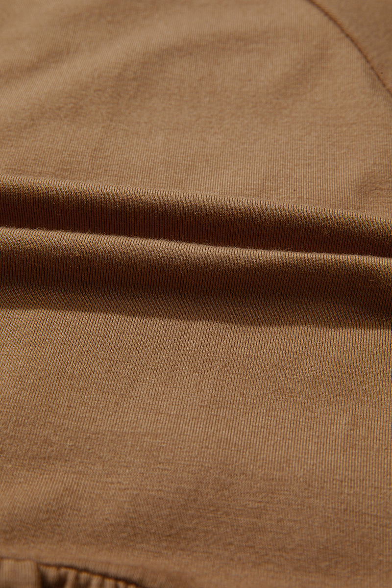 Chestnut Brown Smocked Bust Buttoned Split V Neck Flow Fit Blouse