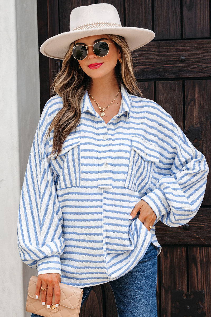 Stripe Half Button Collared Chest Pockets Loose Fit Blouse