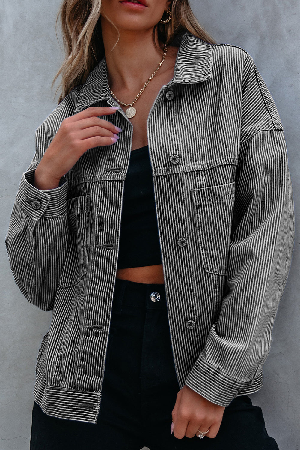 Stripe Washed Oversize Pocketed Denim Jacket