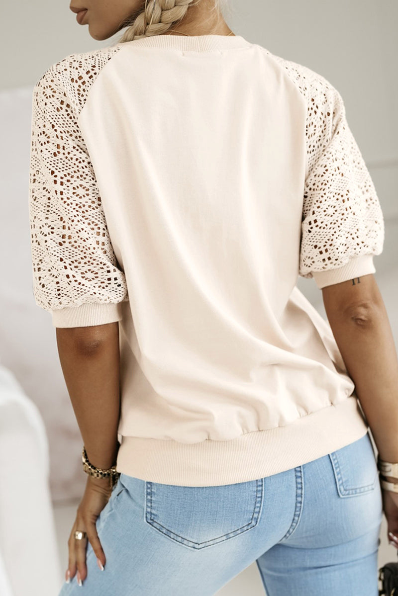 Lace Crochet Short Sleeve Round Neck T Shirt