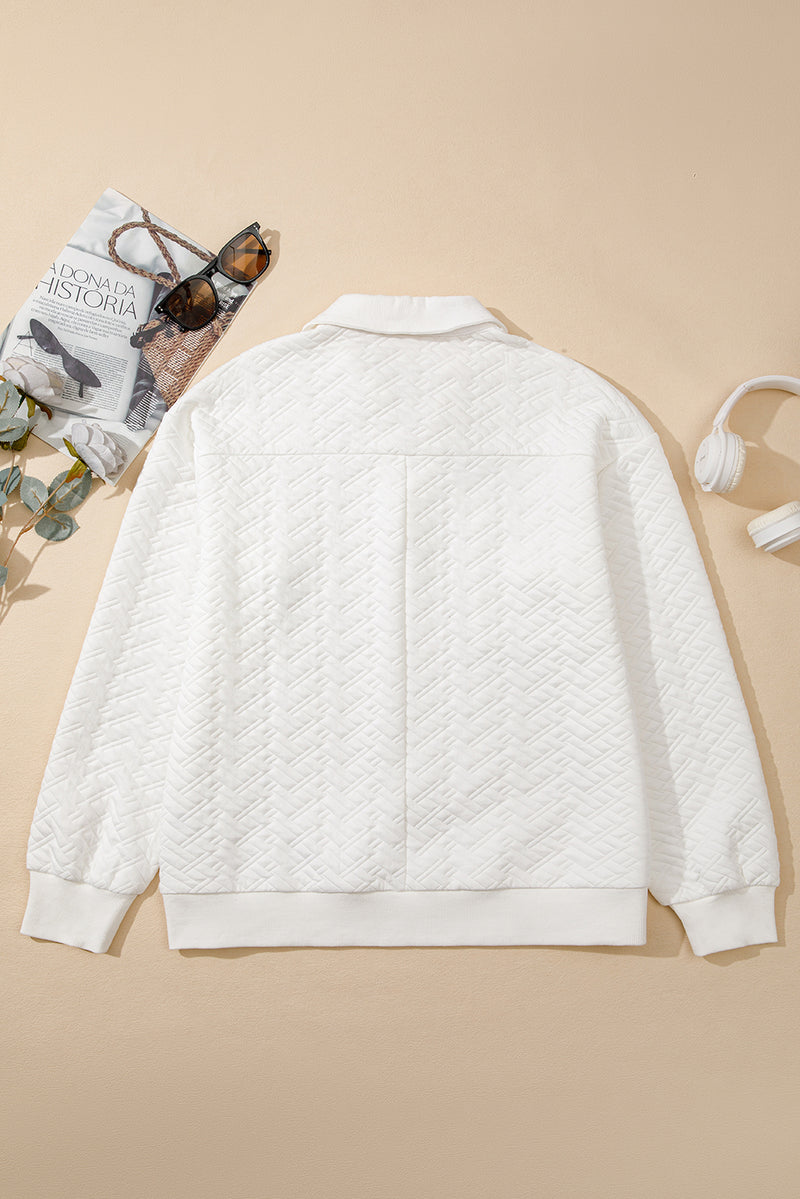 Textured Pocketed Collared V Neck Pullover Sweatshirt