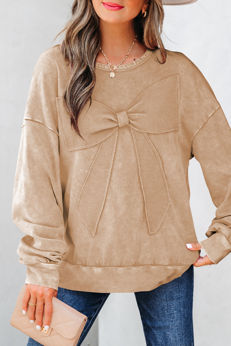 Beige Mineral Wash Big Bow Patchwork Pullover Sweatshirt
