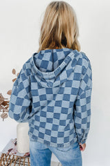 Checkerboard Zipped Neck Kangaroo Pocket Denim Hoodie