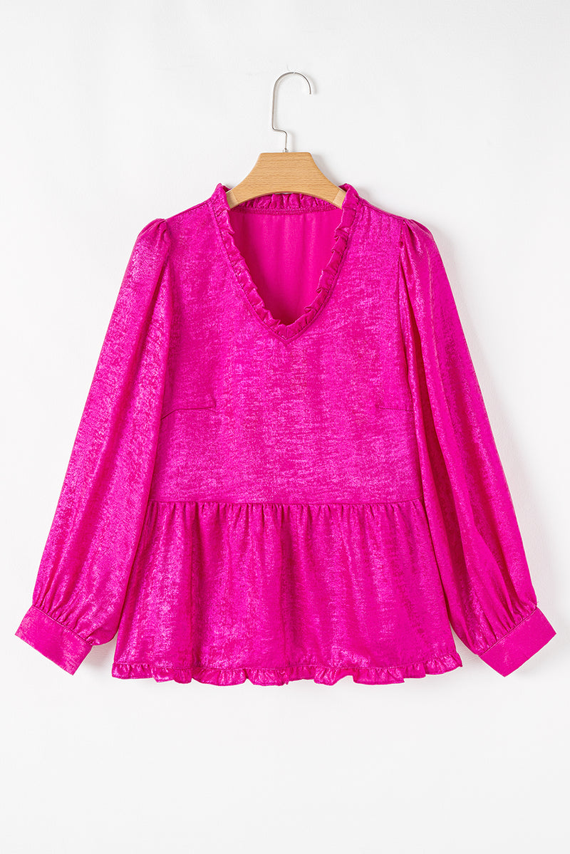 Metallic Frilled V Neck Puff Sleeve Babydoll Blouse