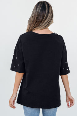 Solid Pearl Beaded Drop Shoulder Crewneck T Shirt