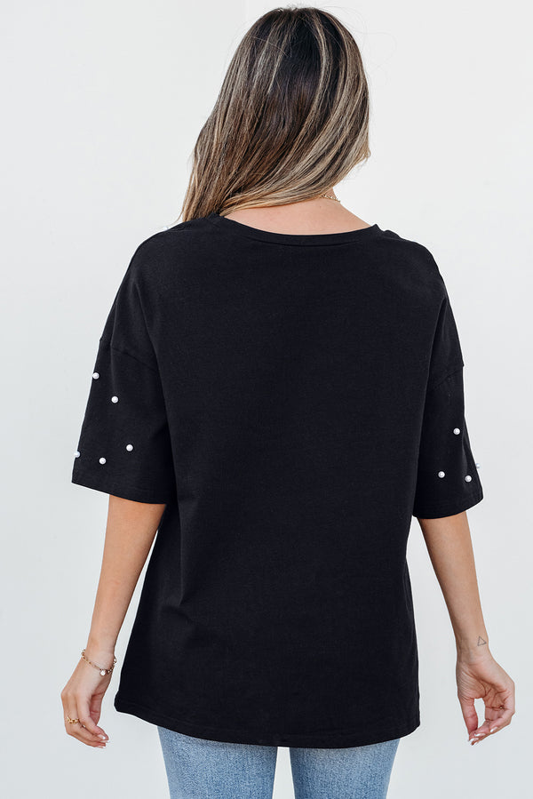 Solid Pearl Beaded Drop Shoulder Crewneck T Shirt