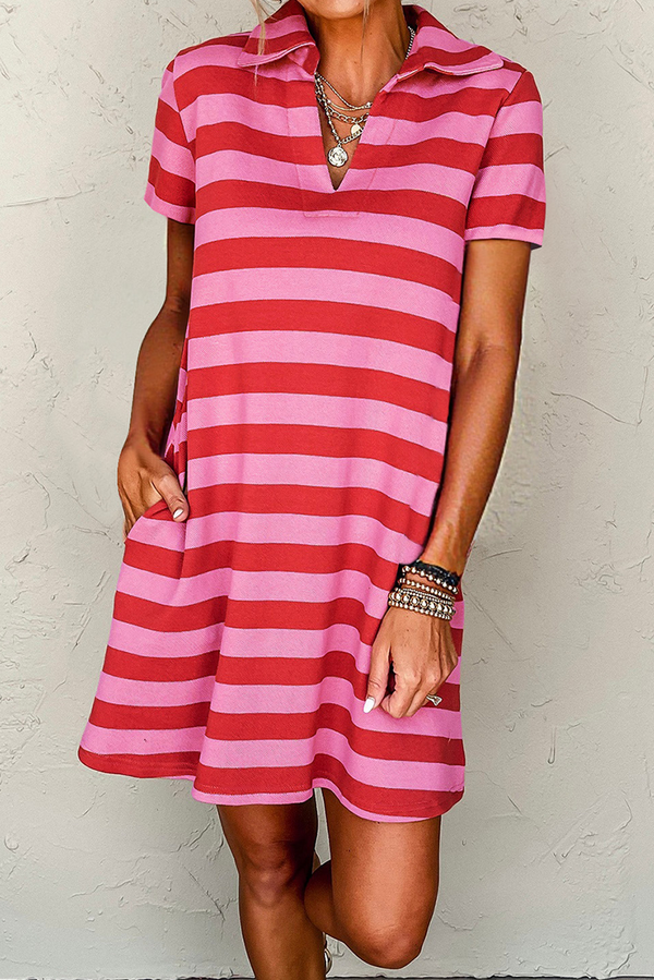 Stripe Textured Knit Collared V Neck Shift T Shirt Dress