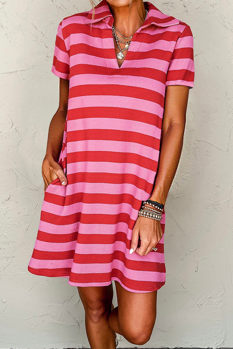 Stripe Textured Knit Collared V Neck Shift T Shirt Dress