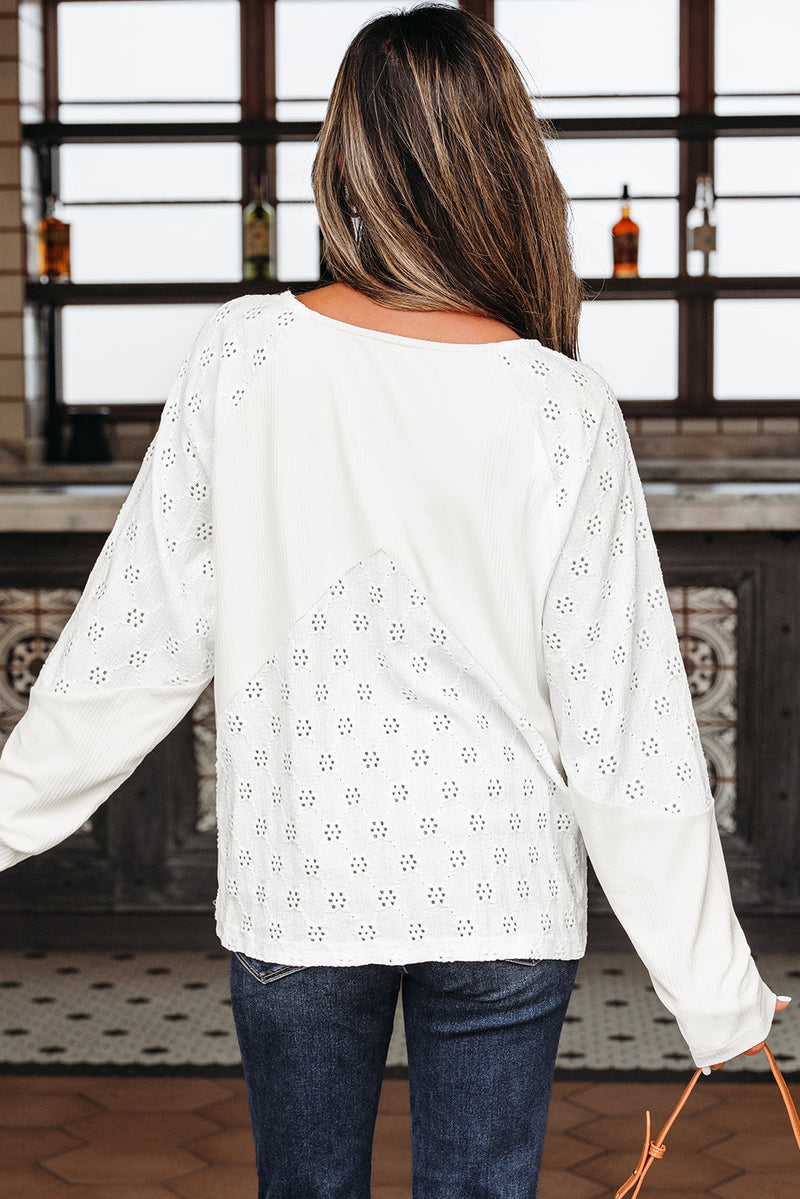 Twisted Rib Patchwork Embroidered Loose V Neck Long Sleeve Top