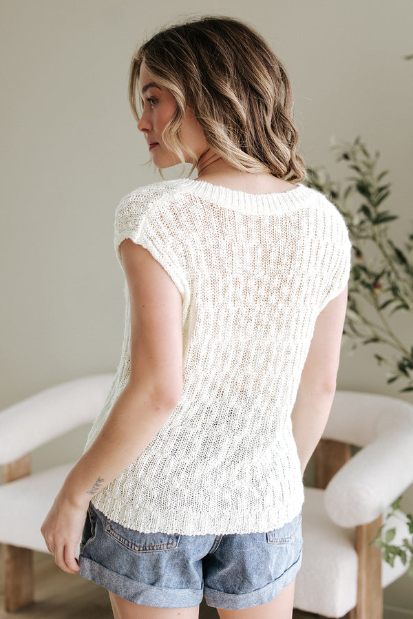White Notched V Neck Short Sleeve Sweater