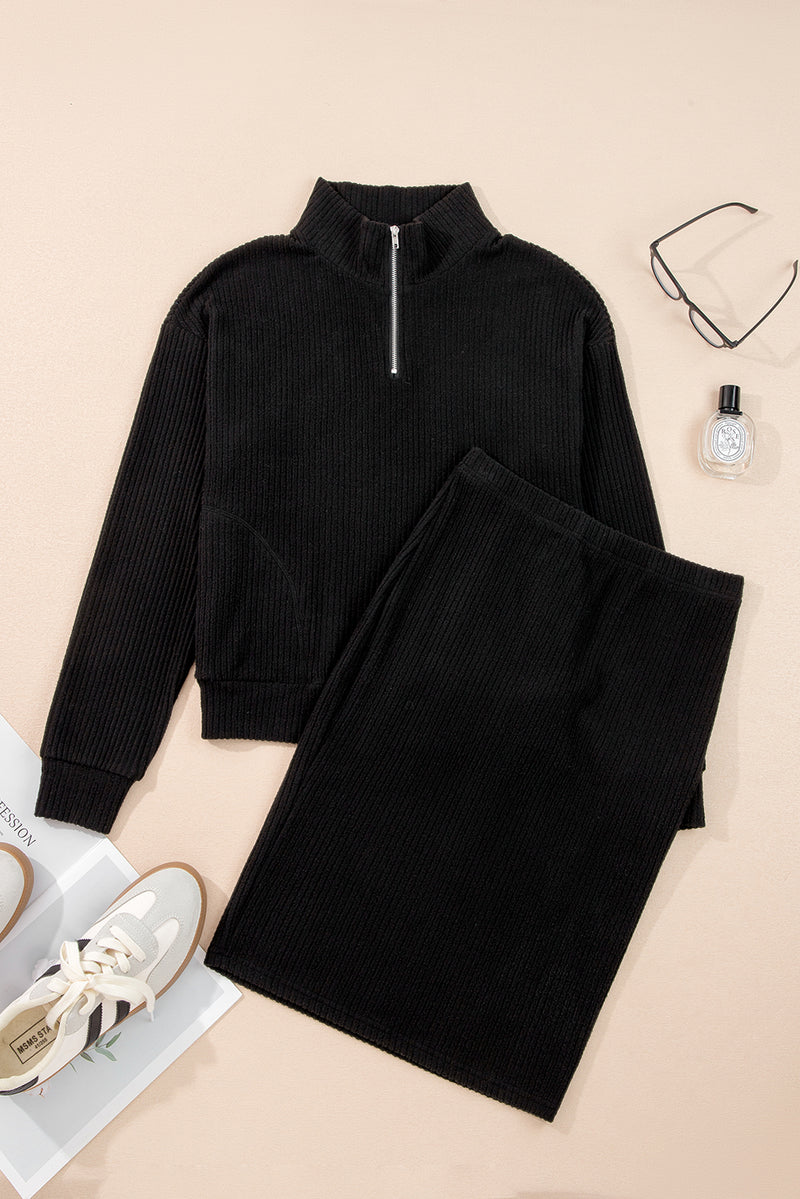 Ribbed Zip Stand Neck Drop Shoulder Pullover Bodycon Skirt 2pcs Set