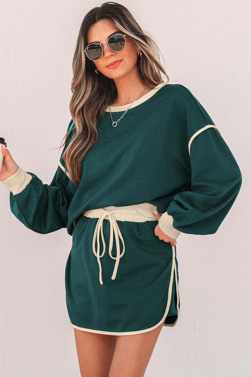 Color Contrast Loose Pullover and Lace-up Waist Skort Set