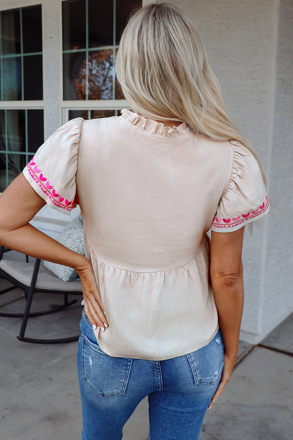 Floral Embroidered Short Sleeve Notched V Neck Blouse