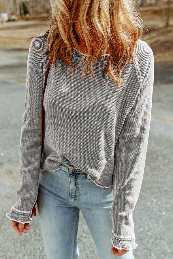 Solid Textured Round Neck Long Sleeve Top