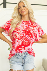 Abstract Print Ruffled Short Sleeve Mock Neck Blouse