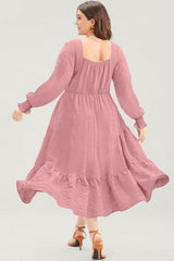 Solid Lace-up Ruched Front Long Sleeve Ruffle Hem Plus Size Midi Dress