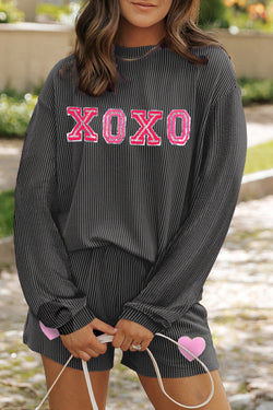 XOXO Heart Patched Pattern Long Sleeve Corded Shorts Set