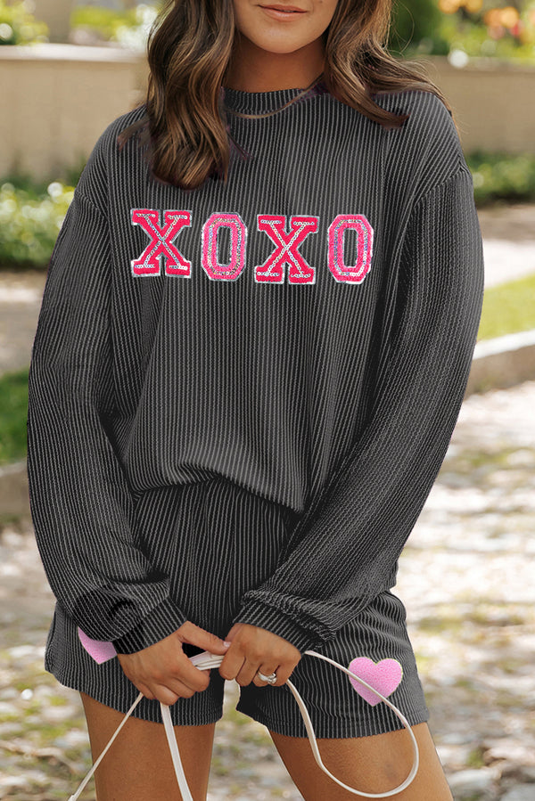 XOXO Heart Patched Pattern Long Sleeve Corded Shorts Set