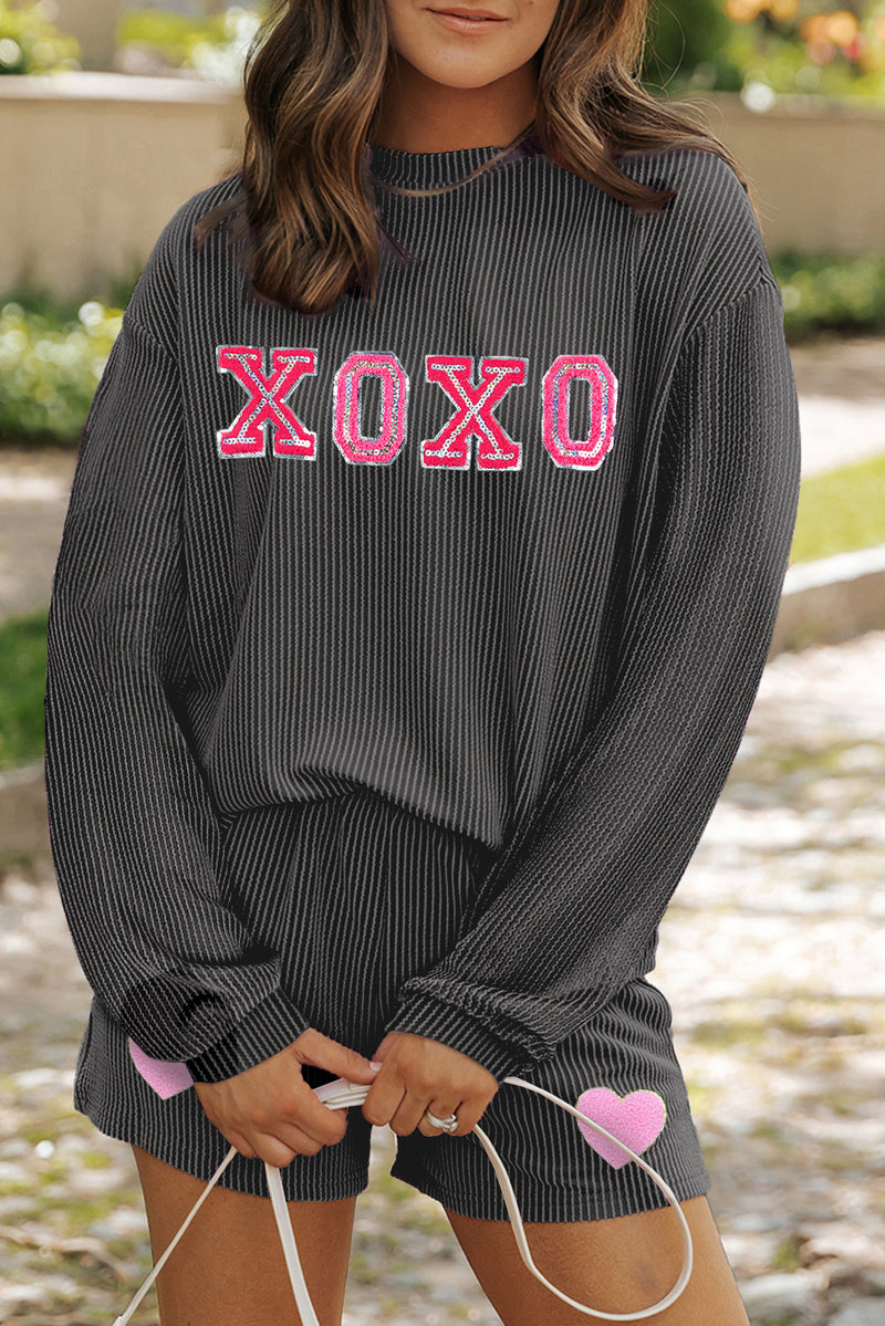 XOXO Heart Patched Pattern Long Sleeve Corded Shorts Set
