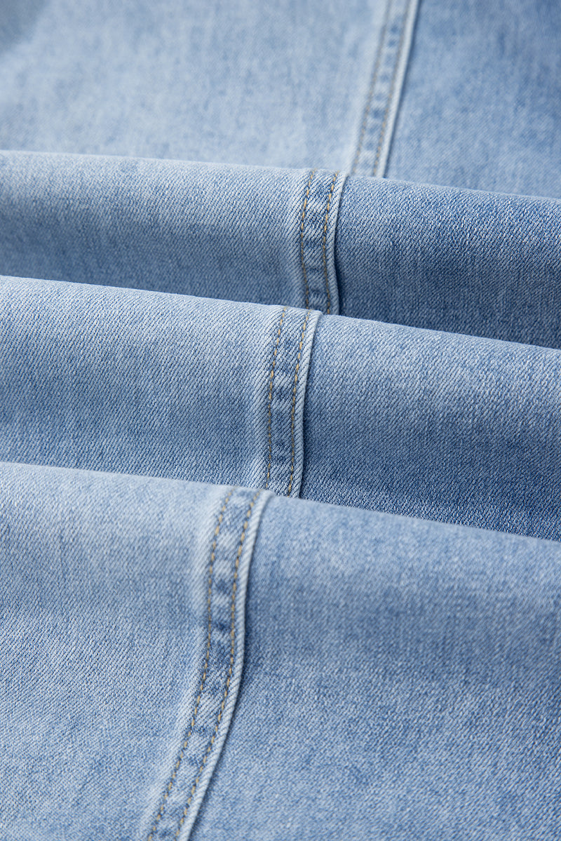 Drawstring Seam Detail Raw Hem Wide Leg Denim Pants