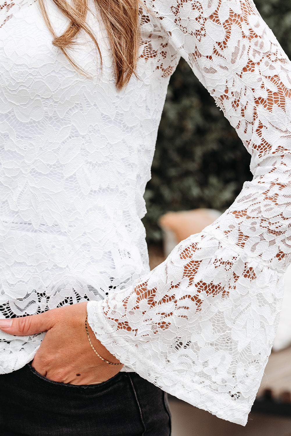 Lace Crochet Bell Sleeve Mock Neck Blouse