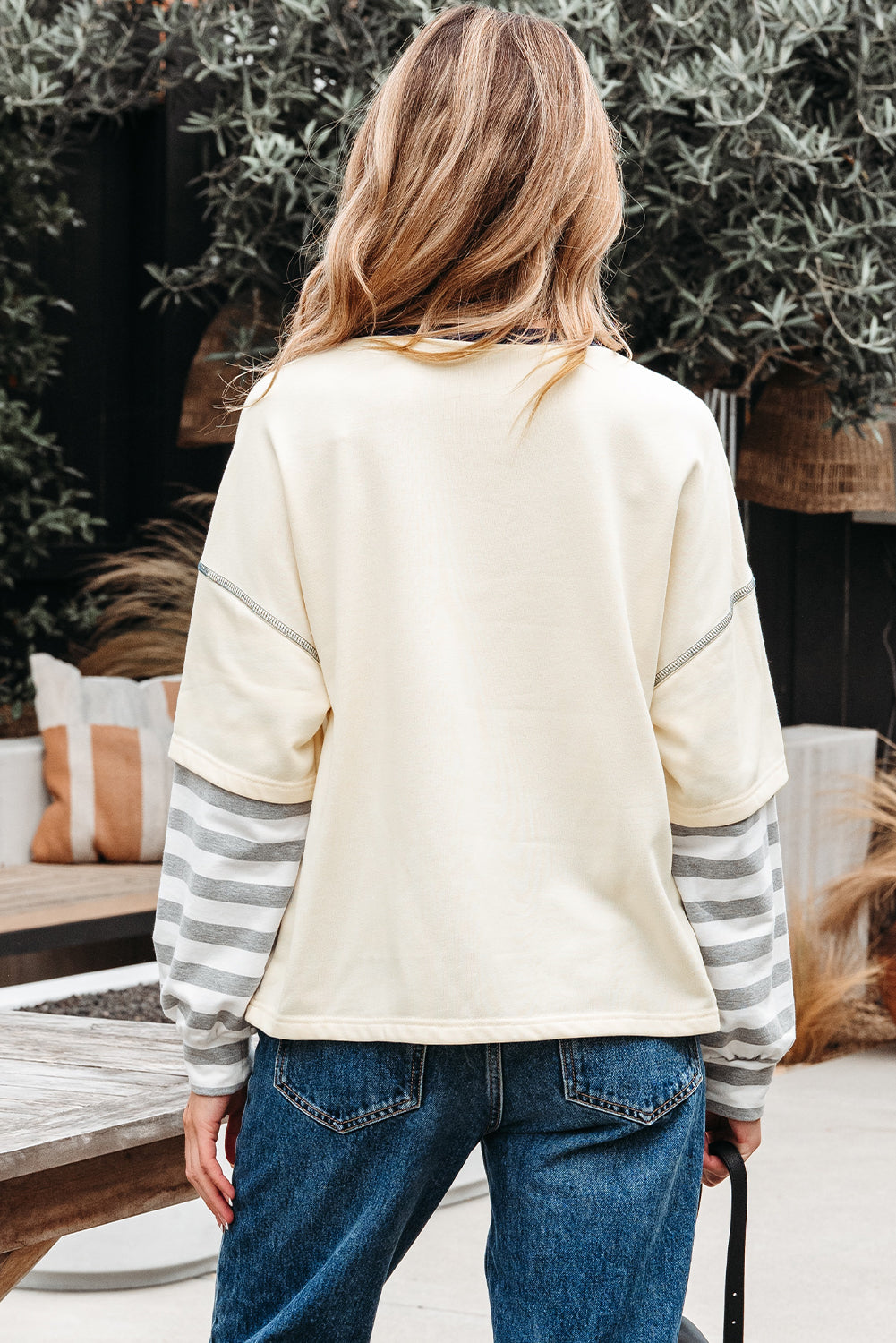 Striped Patchwork Long Sleeve Round Neck Two-in-one Top