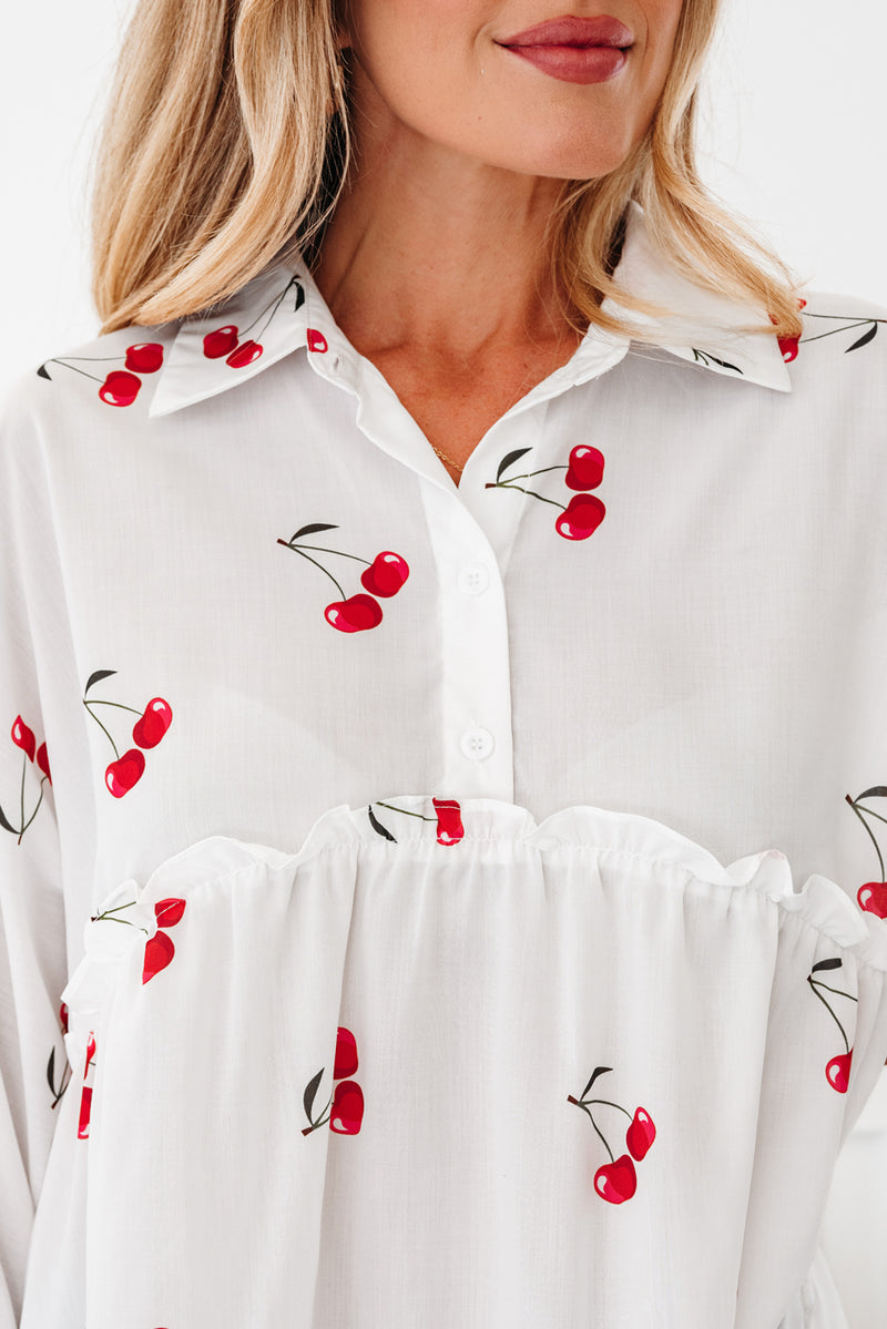 Cherry Print Flounce Sleeve Collared Frilled Babydoll Blouse