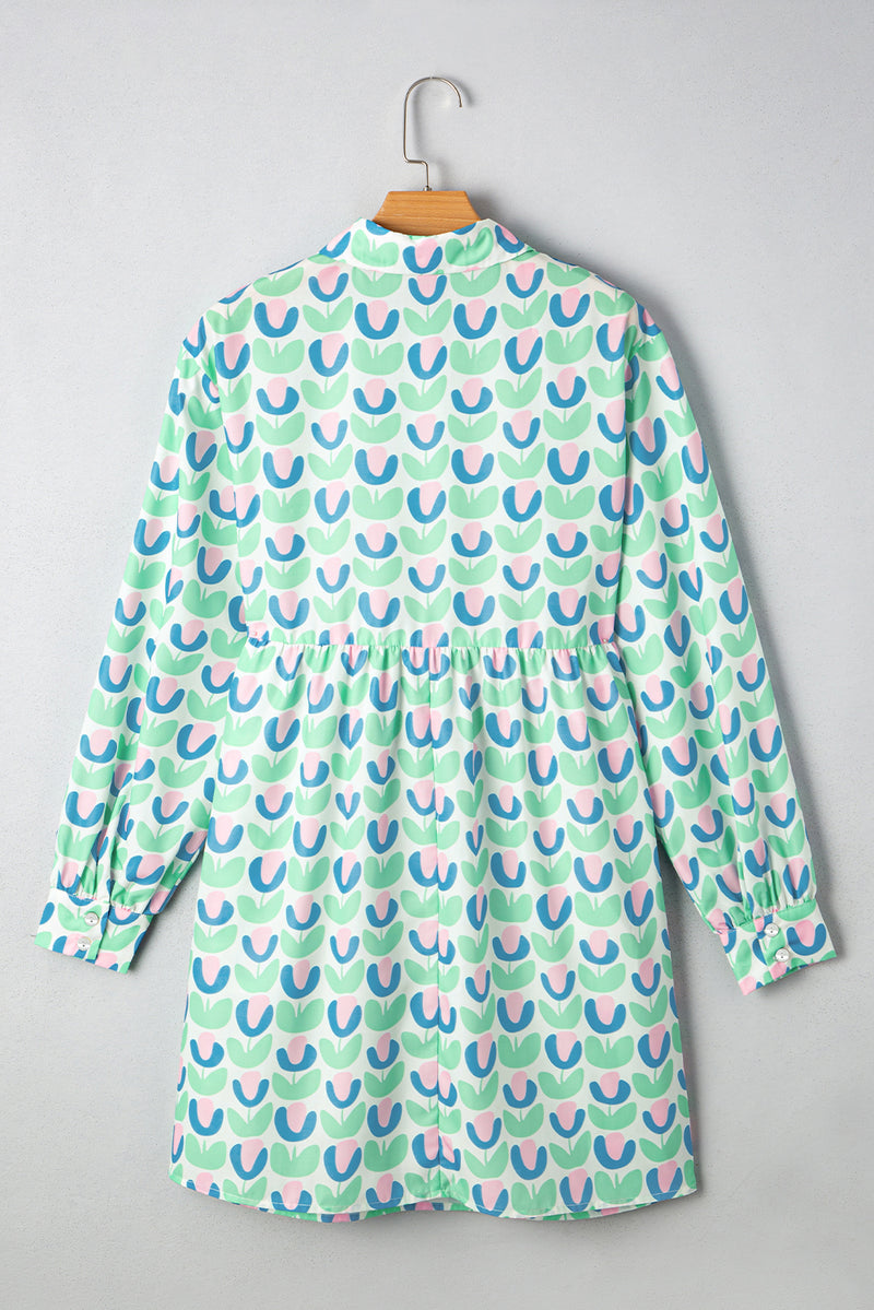 Floral Print Notched Neck Scalloped Detail Long Sleeve Mini Dress