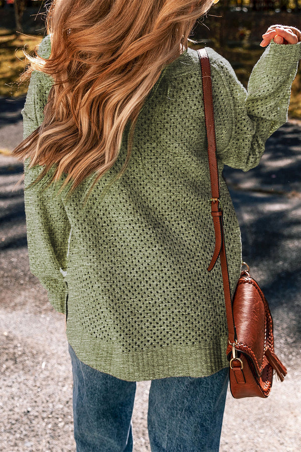 Solid Loose Eyelet V Neck Drop Shoulder Sweater