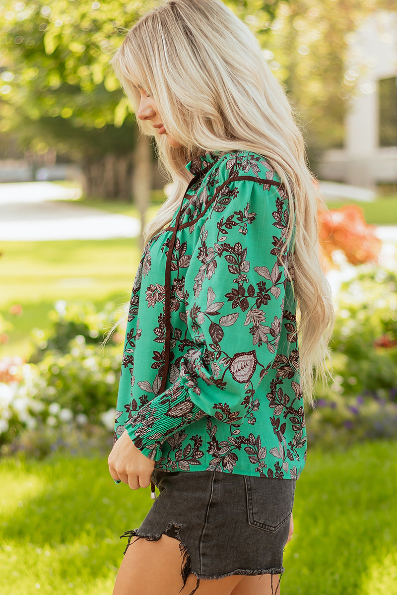 Leaves Print Contrast Trim V Neck Shirred Puff Sleeve Blouse