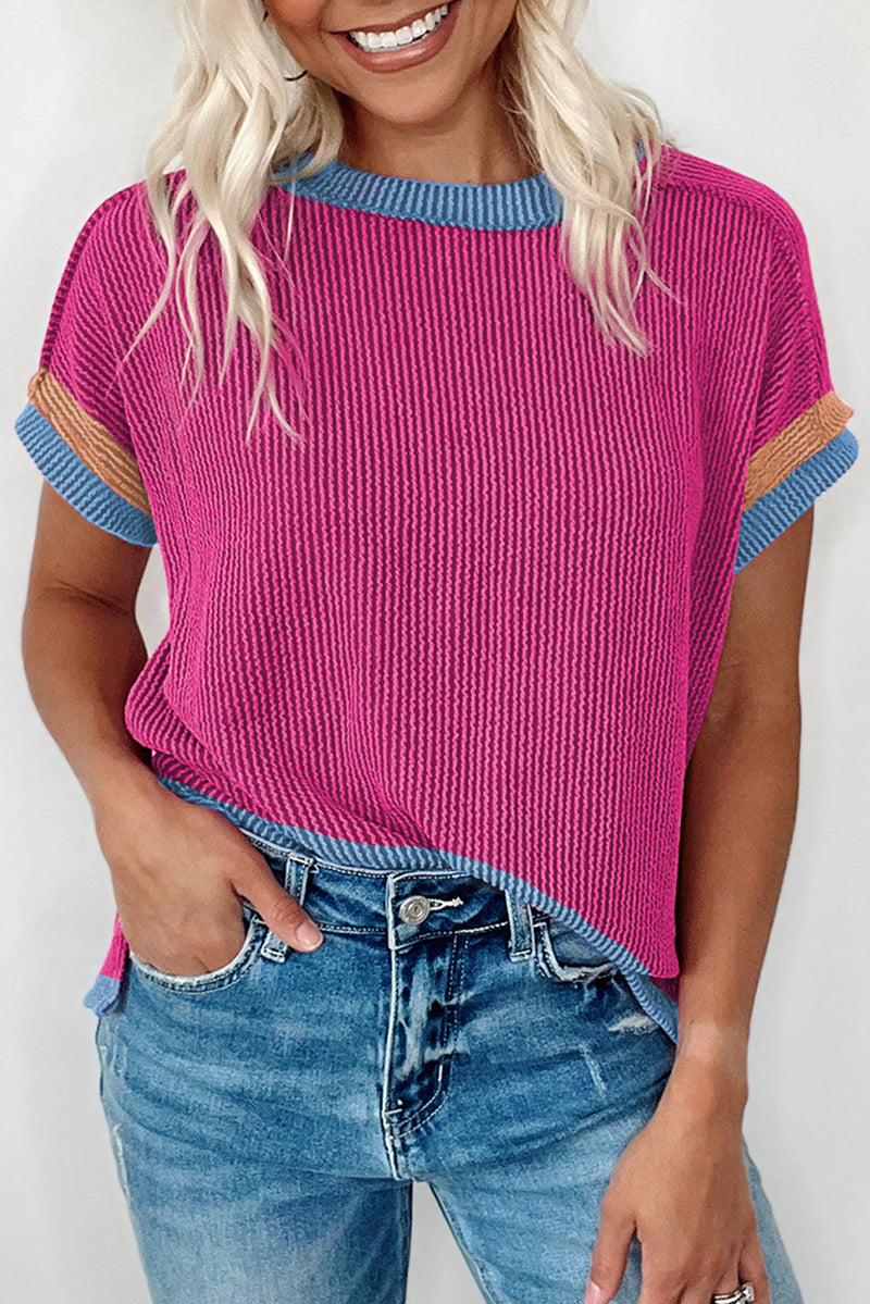 Solid Textured Contrast Trim Round Neck T Shirt