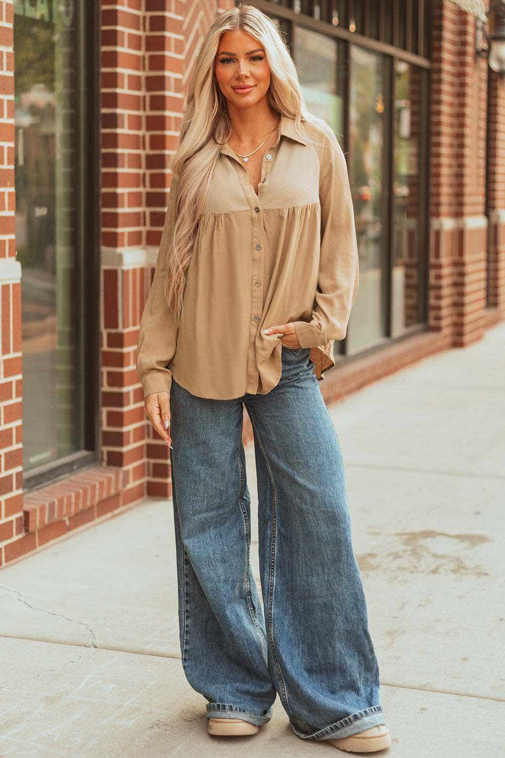 Light French Waffle Patchwork Button Up Frayed Hem Shirt