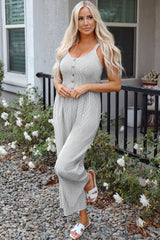 Stripe Half Buttoned Sleeveless Wide Leg Jumpsuit