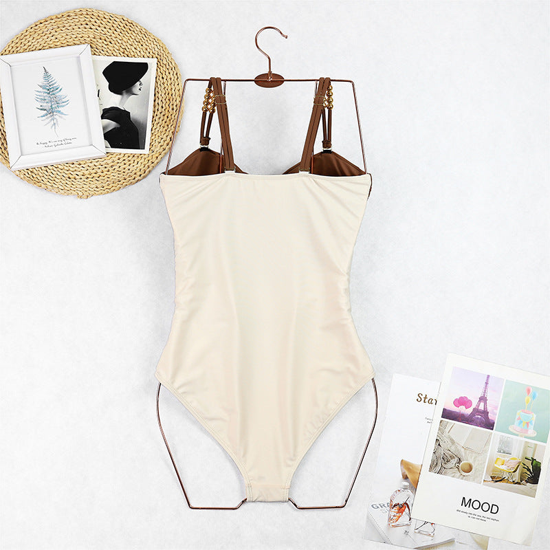 Cut Out Color block One Piece Swimsuit Ruched Swimwear Bathing Suit With Removable Straps