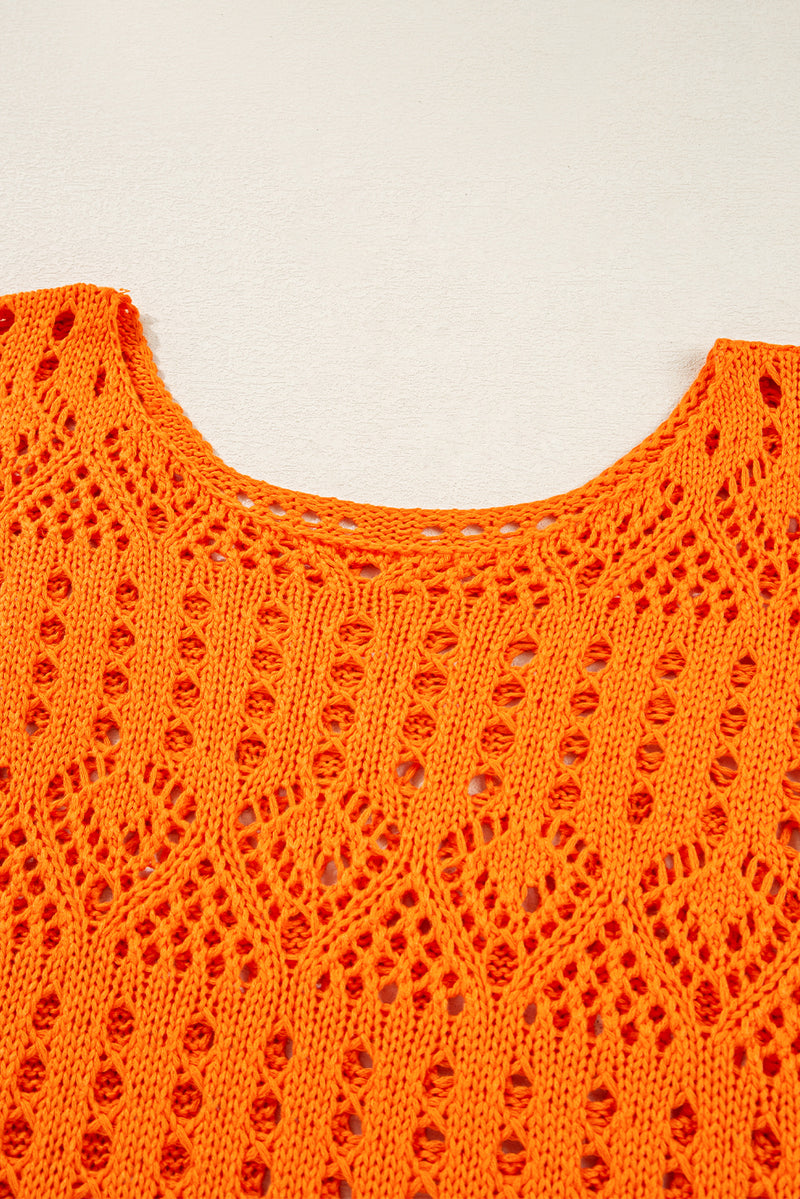 Orange Solid Color Open Crochet Scallop Edge Sweater