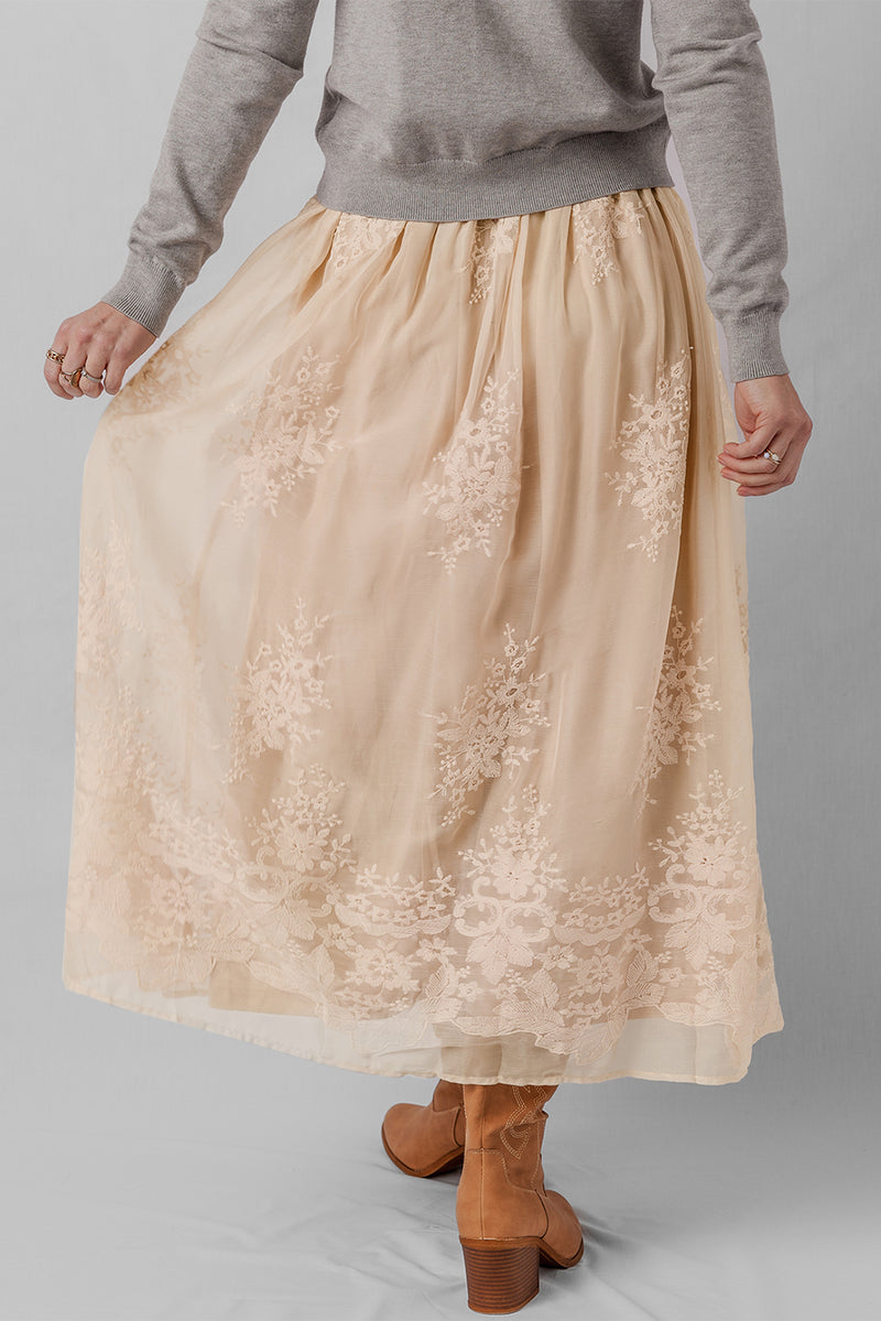 Embroidered Mesh Overlay Flowy Long Skirt