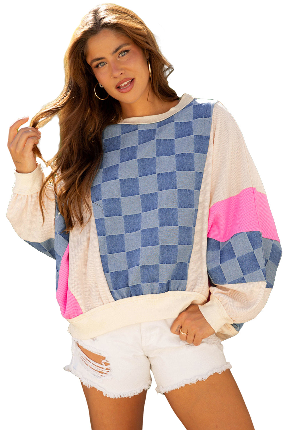 Oversized Checkered Denim Exposed Seam Patchwork Casual Sweatshirt