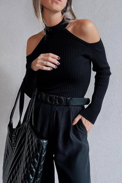 Ribbed Knit Cold Shoulder Choker Neck Sweater